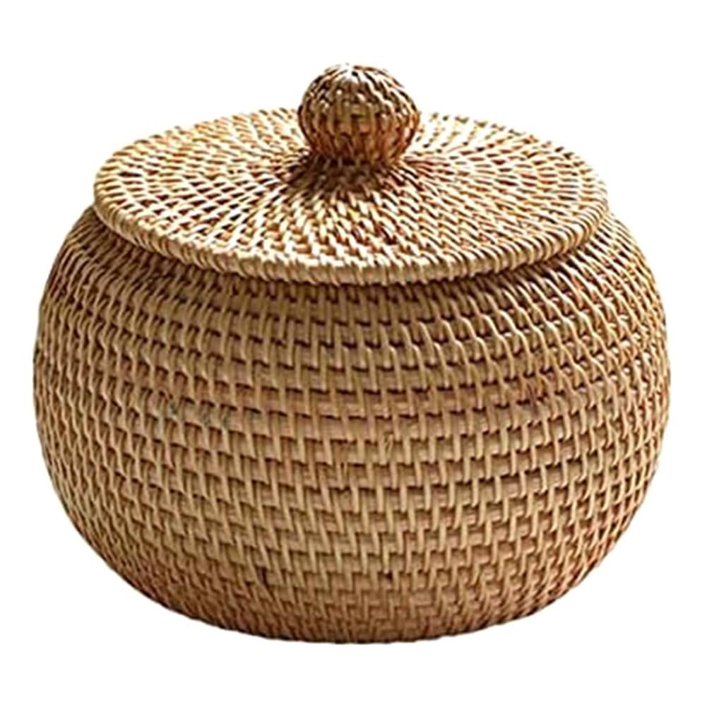 CTRLZS Round Rattan Box Multifunctional Desktop Tray with Lid, Storage Basket Decoration for Home