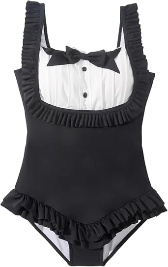 Cute One Piece Swimsuit Women Juniors 2024 Tummy Control Bathing Suit Japanese Kawaii Anime Maid Swimwear Bow Ruffle