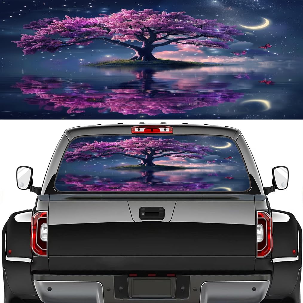 Modern Tree Perforated Truck Rear Window Decal Sun Shade, Natural Butterfly Beautiful Botanical Moon Privacy Vinyl Sticker for Pickup SUV Back Glass, Waterproof Graphic Film Window Decor 66 X 22 Inch