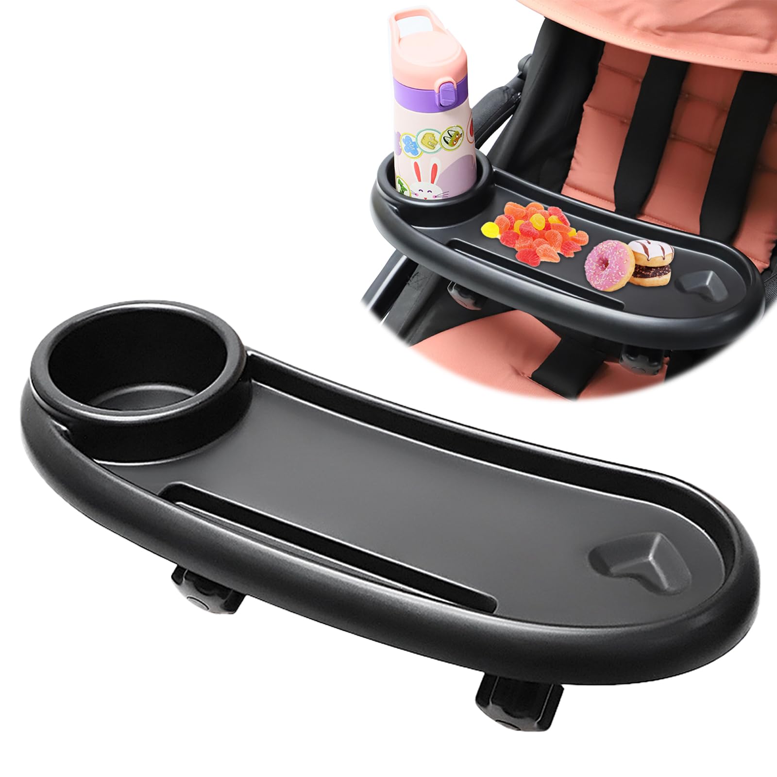 Forhome Plateau à collation 3 en 1 pour poussette, avec plateau à collation et porte-gobelet, rotatif à 360 °, accessoire universel pour poussette