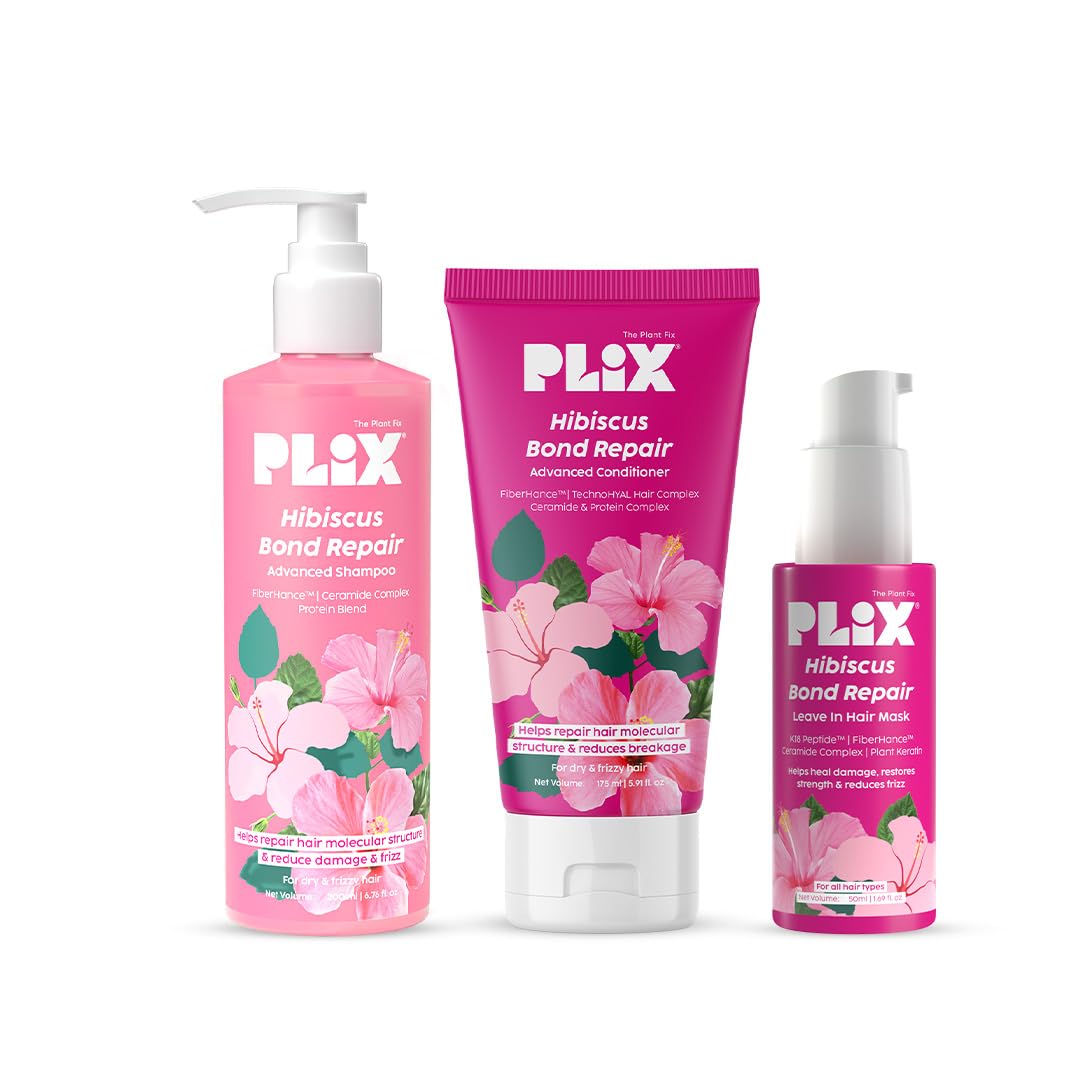 PLIX- THE PLANT FIX Hibiscus Strength & Repair Hair Care Kit | Shampoo (200ml) + Conditioner (175ml) + Leave-In Hair Mask (50ml) | 3X Stronger Hair | Reduces Breakage, Split Ends & Frizz