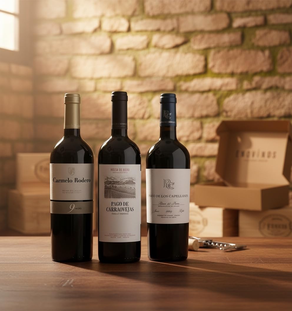 Pack Vinos Ribera del Duero - Envio 24h - Vinos Regalo - 3 x Botella 75 cl - Carmelo Rodero 9 Meses, Pago de Carraovejas, Pago de los Capellanes Roble - Mejor Seleccion ENOVINOS THE WINE BRAND