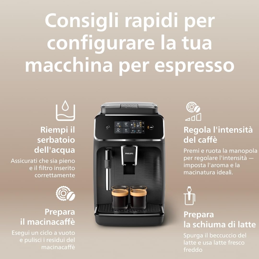 PHILIPS Serie 2200 Macchina da caffè Automatica - 2 bevande, Display Touch, Cappuccino con Montalatte Classico, Macinacaffè in Ceramica, Nero Opaco (EP2220/10)