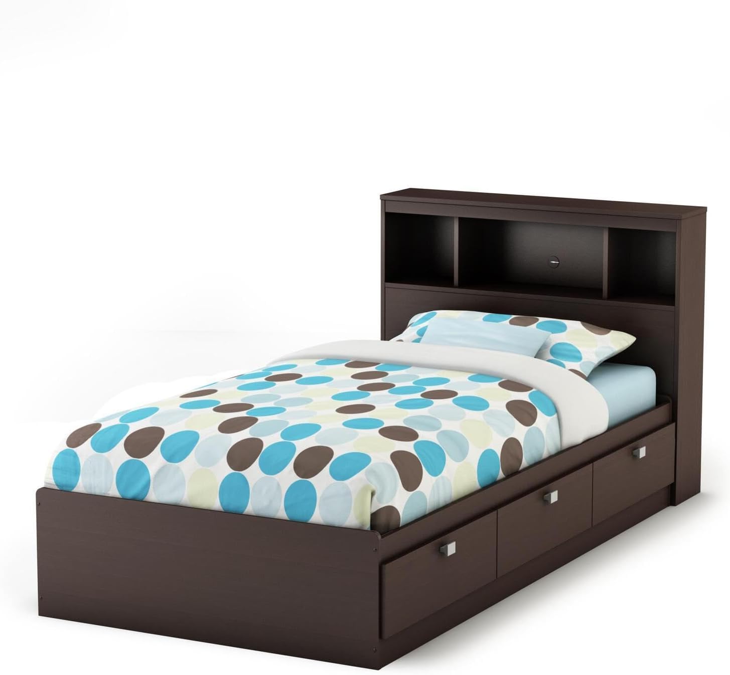 HomeStock Old World Charm Twin Mate'S Bed & Bookcase Headboard - 84.75" L X 56" W X 36.25" H, Slat and Drawer Included in Chocolate Finish, Ample Storage Space, Clothes Organizer