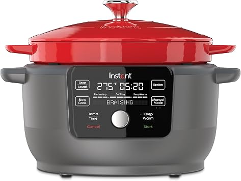 Instant Pot Electric Round Dutch Oven,6-Quart 1500W,From the Makers of Instant Pot,5-in-1 Braise,Slow Cook,Sear/Saute,Food Warmer,Cooking Pan,Enameled Cast Iron,Included Recipe Book,Red