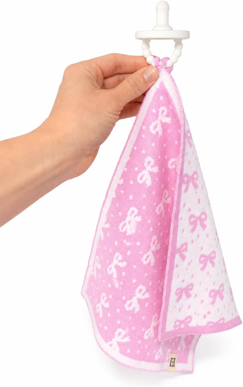 L+L USA 100% Organic Cotton Baby Lovey – Soft Breathable Knit Security Blanket with Pacifier Holder Loop – Girly Bow Print Comfort Blanket for Babies & Toddlers – Pink/White