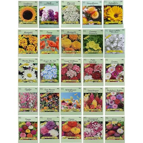 25 Slightly Assorted Flower Seed Packets - Includes 10+ Varieties - May Include: Forget Me Nots, Pinks, Marigolds, Zinnia, Wildflower, Poppy, Snapdragon and More - Made in the USA