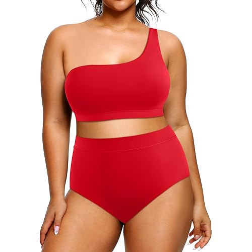 Tempt Me Women Plus Size High Waisted Bikini Two Piece One Shoulder Swimsuit
