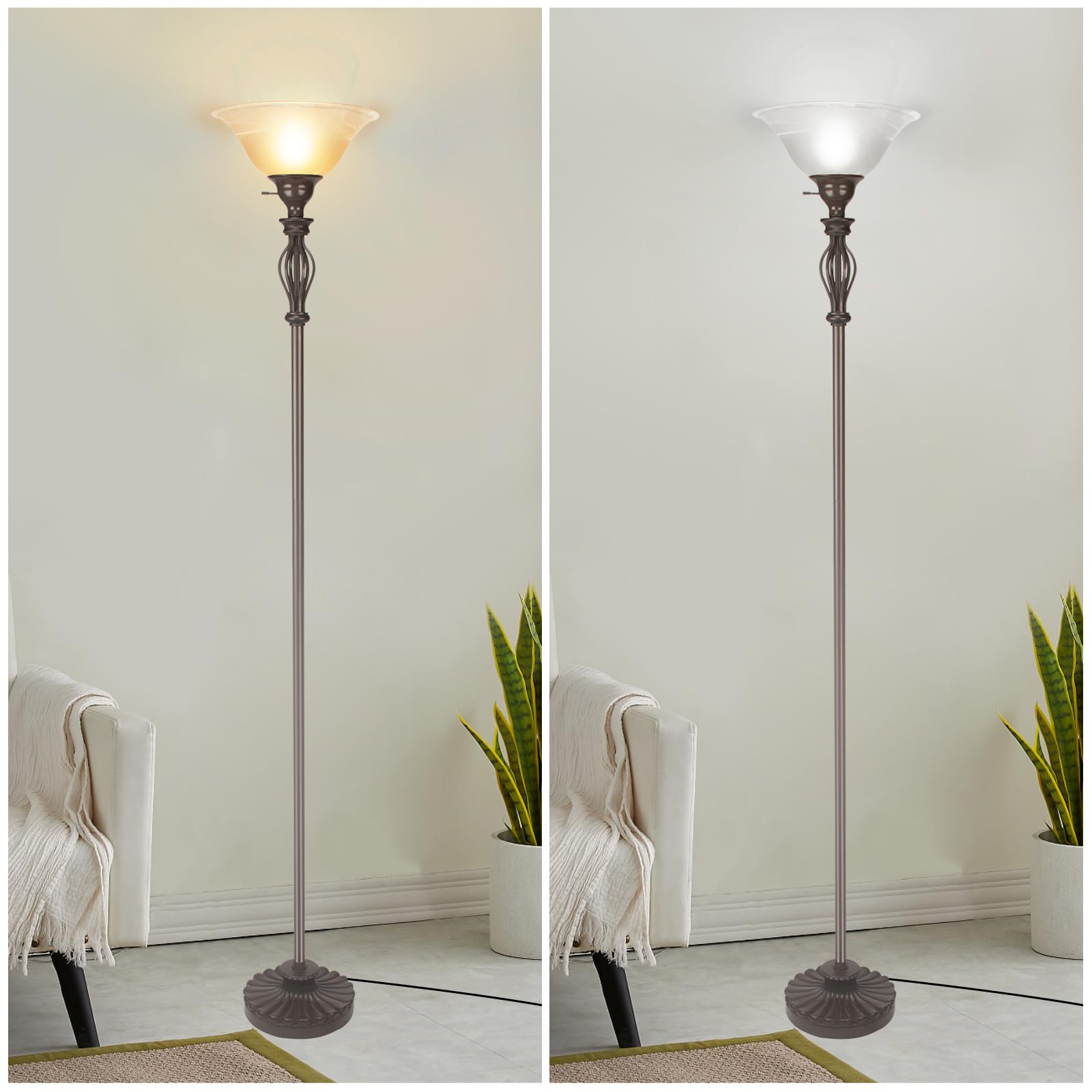 HonoDing Lampada da terra Torchiere per soggiorno/camera da letto - Lampada da terra ad angolo - paralume in vetro alabastro alto 70" con voluta tradizionale in ferro (marrone)