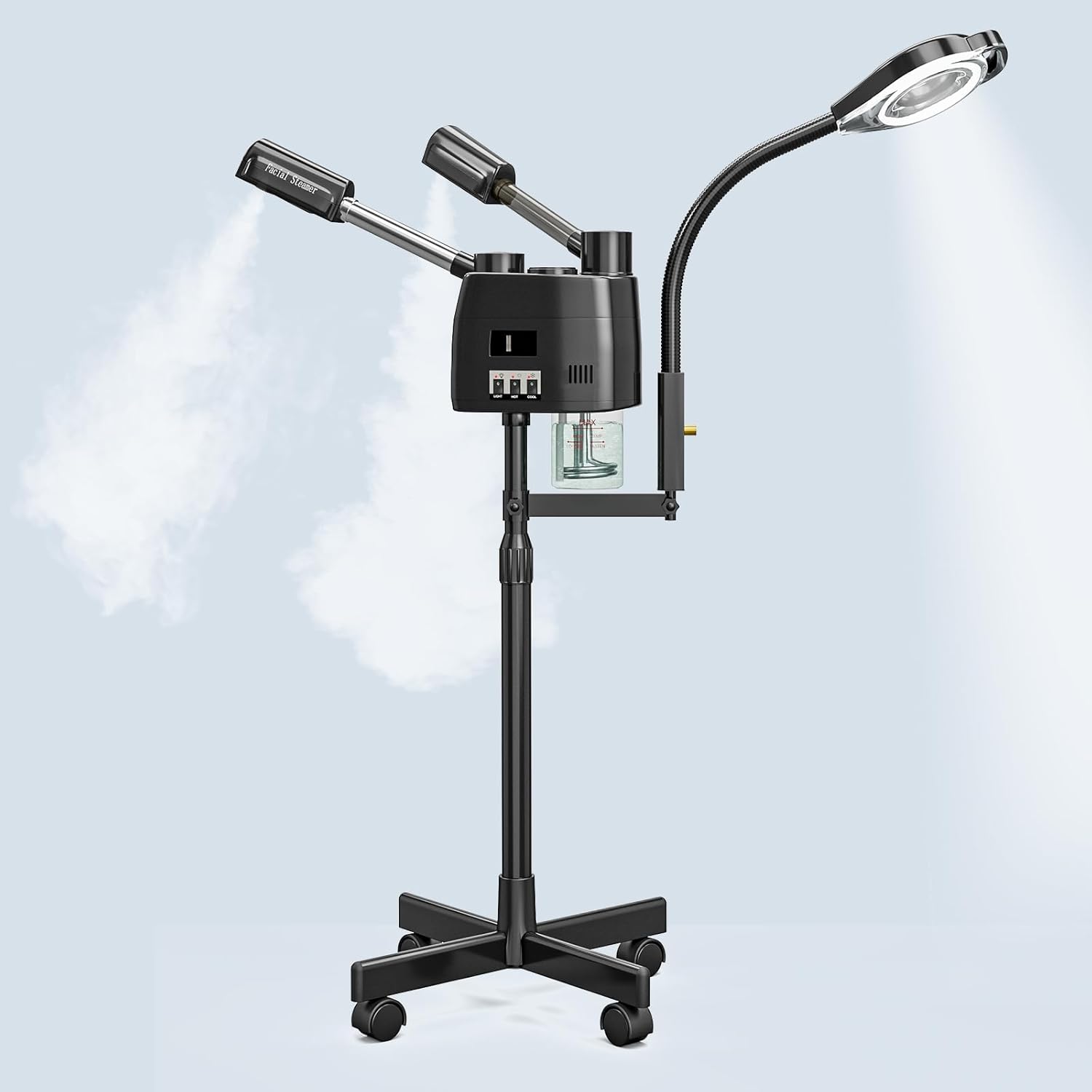 SyyBhb Professional Facial Steamer on Wheels for Esthetician, 3 in 1 Black Esthetician Steamer with 5X LED Magnifying Lamp, Hot & Cold Mist