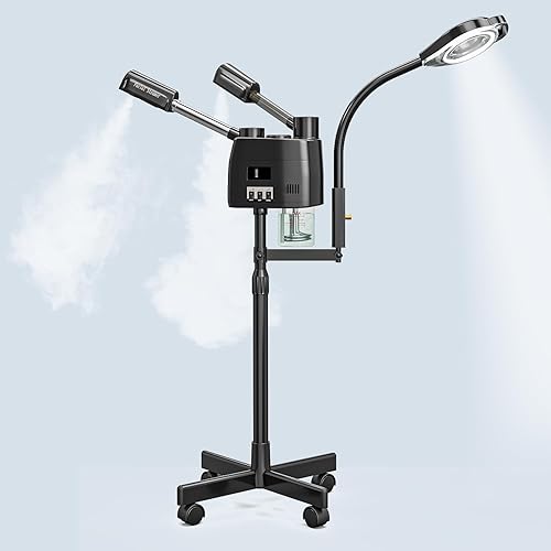 Miniatura 10 de Paddie Vaporizador facial profesional 3 en 1 sobre ruedas para esteticista, niebla fría y caliente, lámpara de aumento LED 5X, color blanco