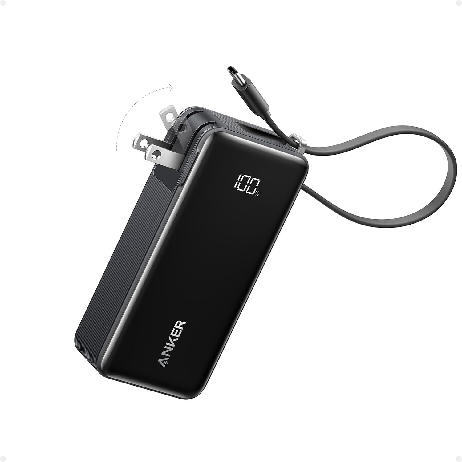 Nano 3-in-1 Portable Charger,10,000mAh 30W Travel Power Bank | Battery Pack with Built-In USB-C Cable and Foldable Wall Plug, for iPhone 17 / 16 / 15 Series (Black)