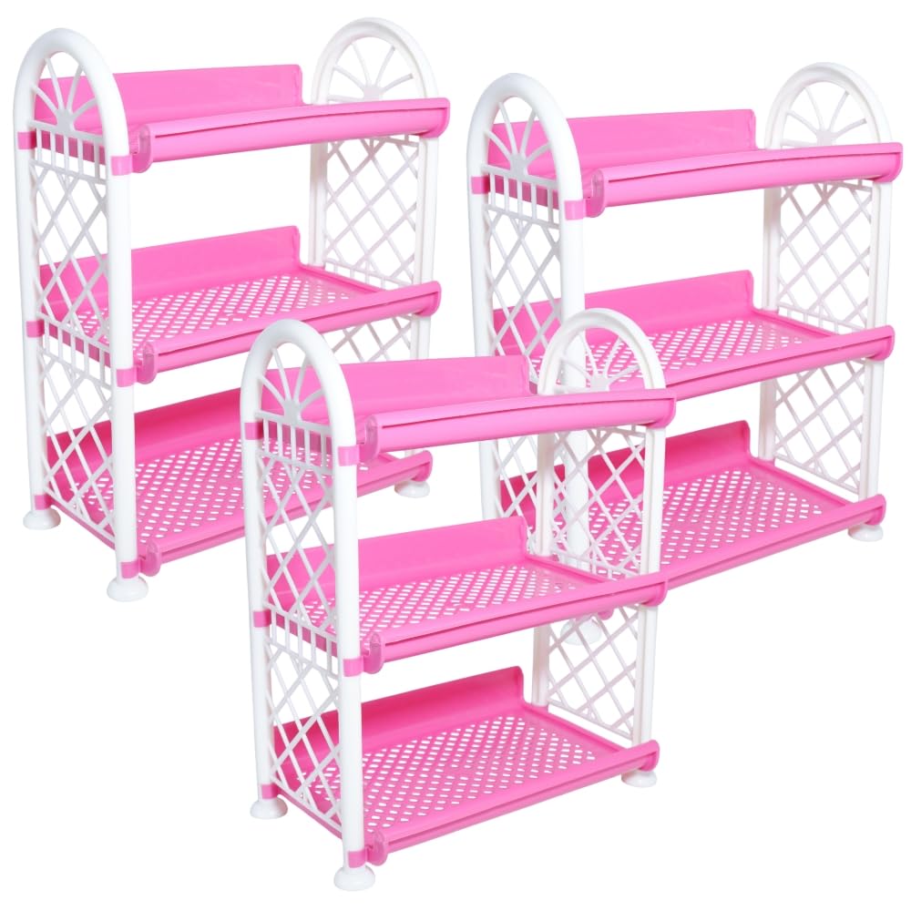 simply home storewell 3 tier plastic multipurpose storage organizer-easy to fit, wall hanging durable & lightweight rack for kitchen, bathroom,kids & office - space-saving rack| set of 3 | pink