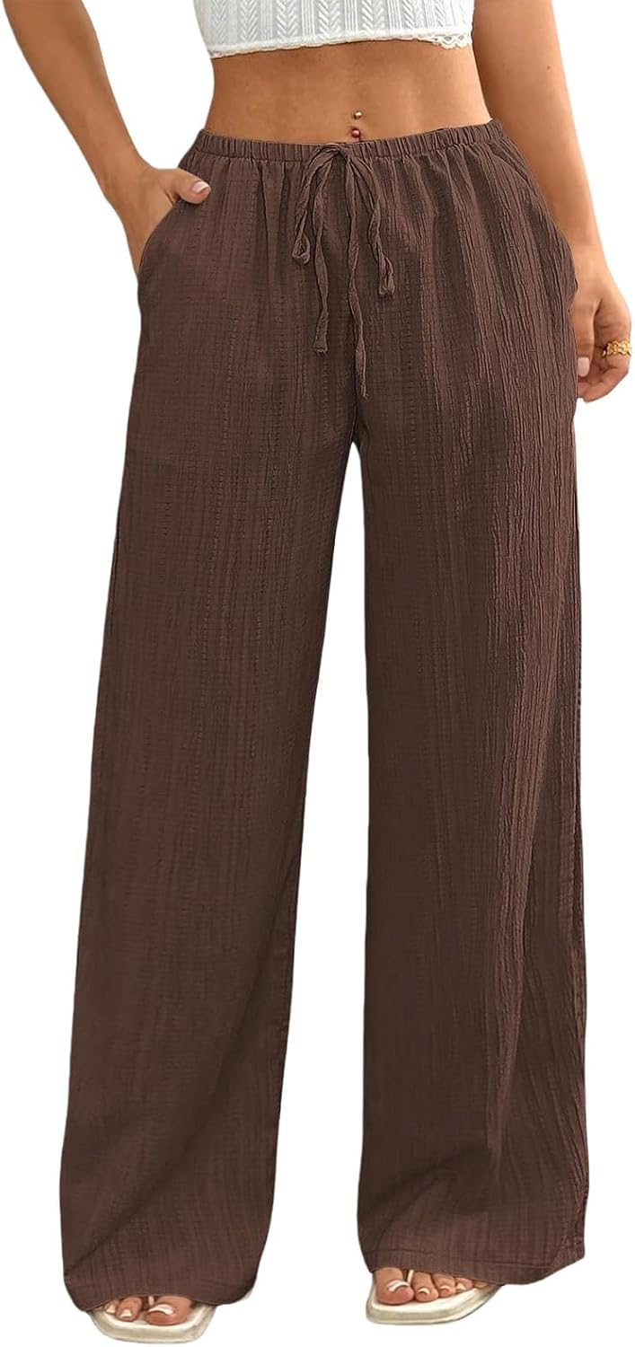 Womens Linen Palazzo Pants Wide Leg Casual Loose Pant Drawstring Elastic High Waist Pants Summer Lounge Vacation Pant