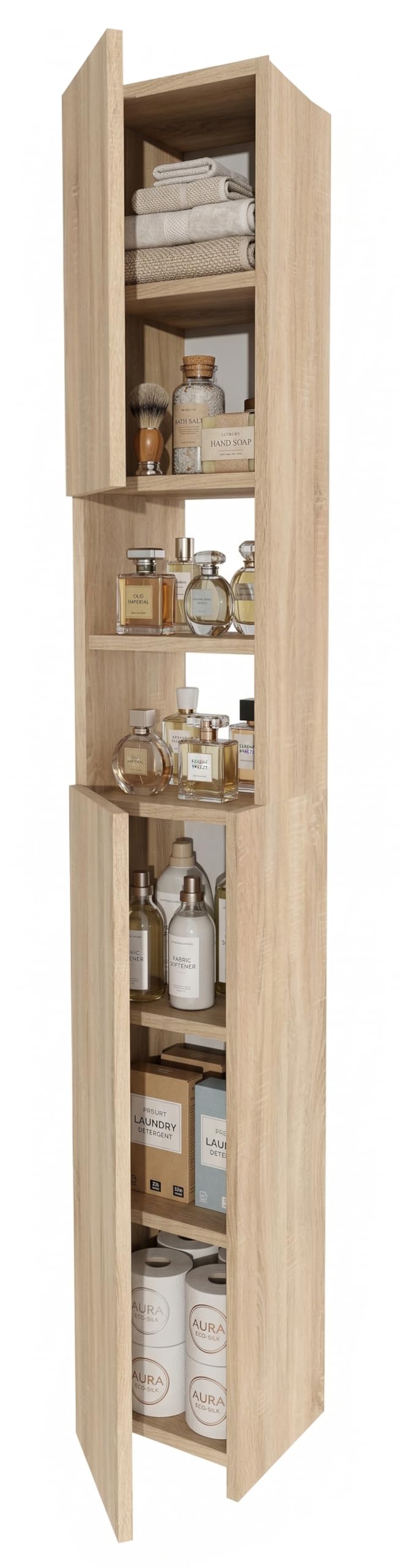 CraftPAK Armoire de Salle de Bain Largeur 24 cm, Colonne étroite en Bois, 7 Compartiments réglables, 2 Portes | Brun