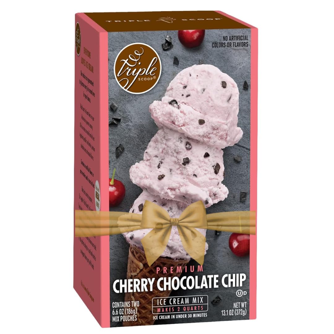 Triple Scoop - Premium Cherry Choc Chip Ice Cream Mix For Ice Cream Maker. Simple, Easy, Delicious. From Gourmet Mix To Maker in 5 Min, Makes 2 Creamy Qrts, Made in USA (1 Pack, Cherry Choc Chip)