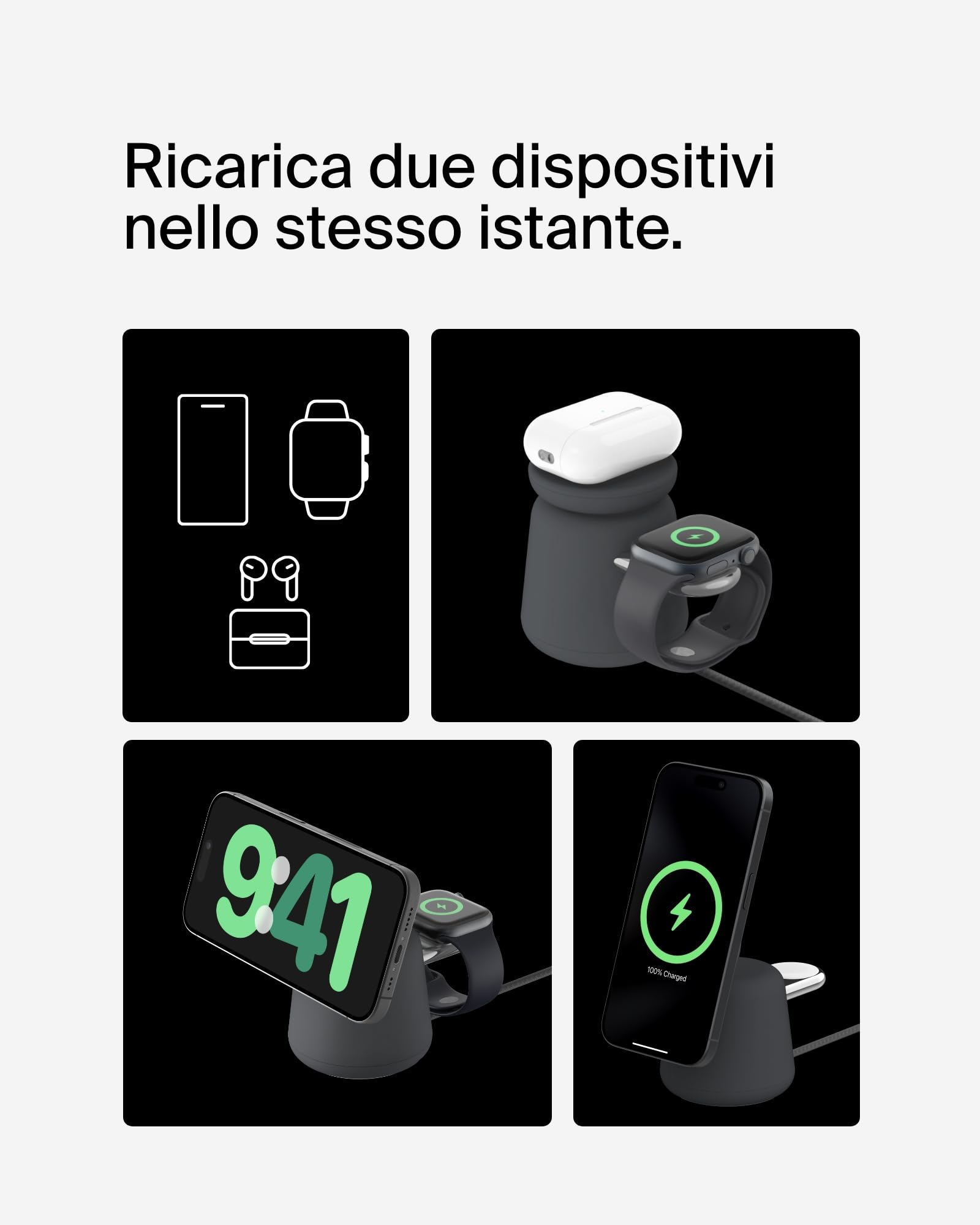 Belkin BoostCharge Caricabatteria wireless 2 in 1 con Qi2 da 15 W, caricatore MagSafe per iPhone 16, 15, 14, 13, 12, Apple Watch, AirPods e altri dispositivi Qi2, alimentatore incluso, Carbone