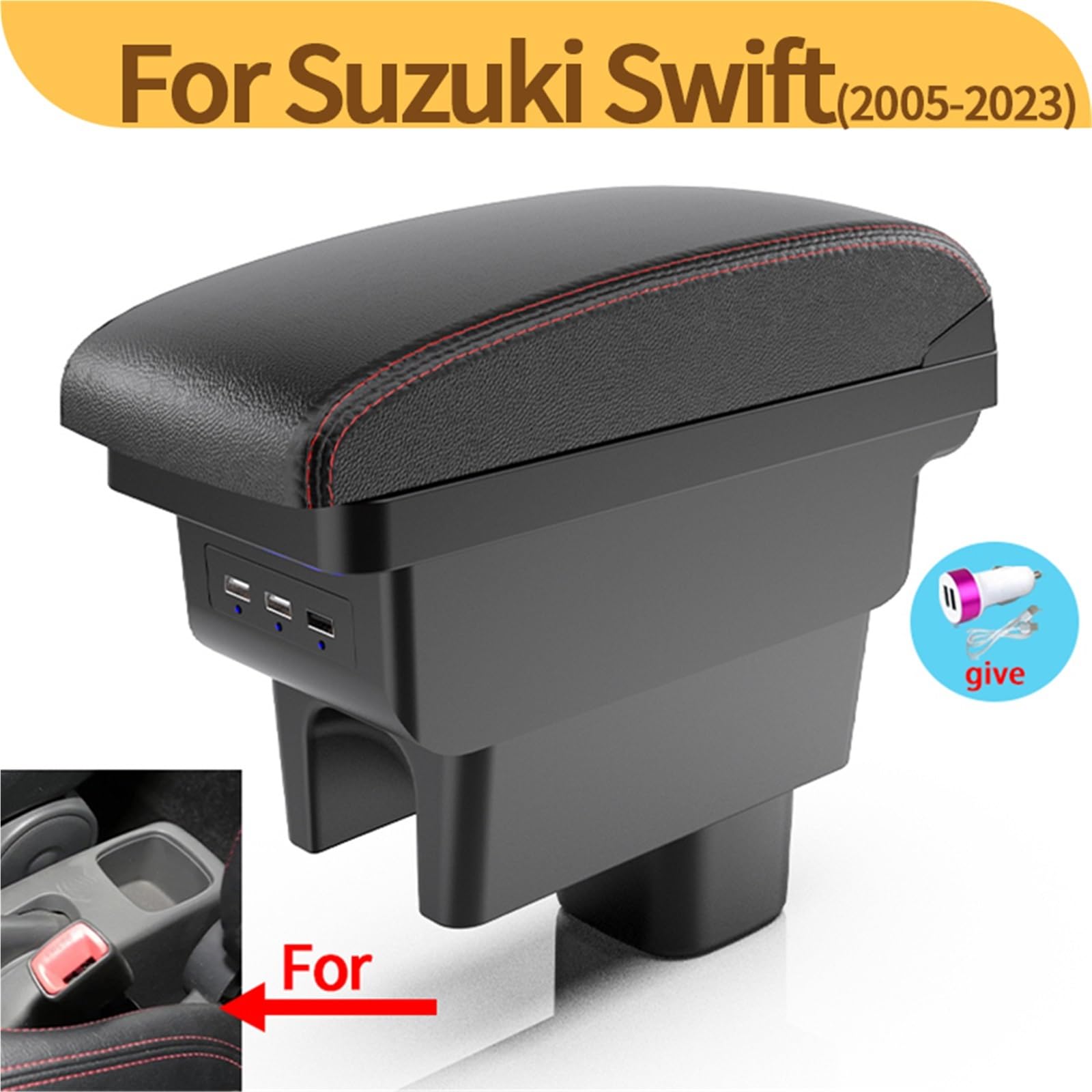 Armsteun Richter Bush Pasuje do Suzuki Swift Podłokietnik Box Akcesoria do podłokietników samochodowych Szczegóły wnętrza Schowek Części do modernizacji 2005-2023(B2 Black line 3 USB)