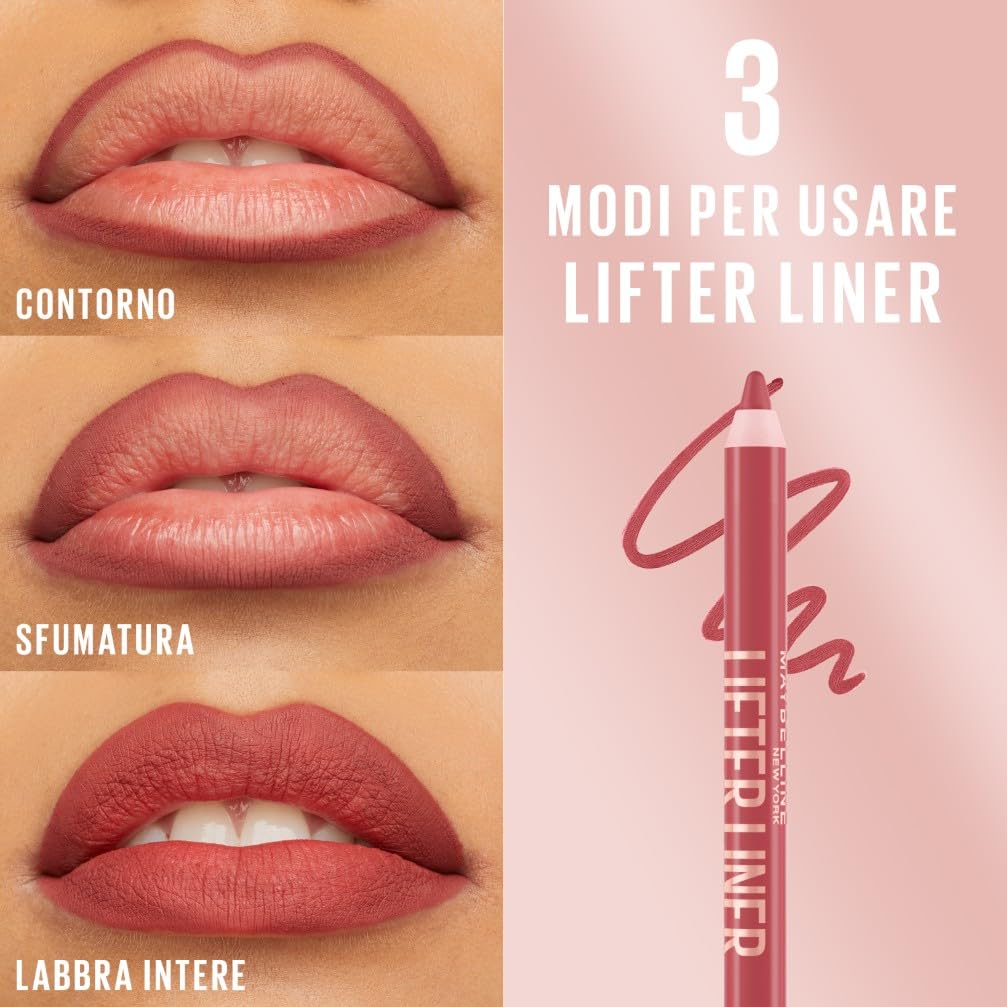 Maybelline New York Matita Labbra, Labbra Rimpolpate, Liftate e con Contorni Definiti, Texture Cremosa e Idratante, Con Acido Ialuronico e Olio di Jojoba, Lifter Liner, Tonalità: 002 Let's Bounce