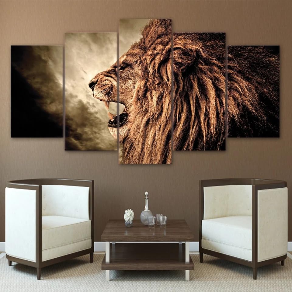 Tableau cuisine et salon grand lion décoration murale 5 panneaux moderne