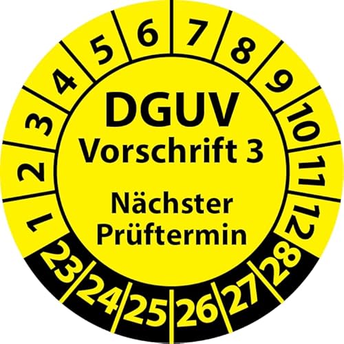 Prüfplakette DGUV Vorschrift 3 Nächster Prüftermin, selbstklebend, Prüfaufkleber, Prüfetikett, Plakette (20 mm Ø, Gelb, 100) Cover