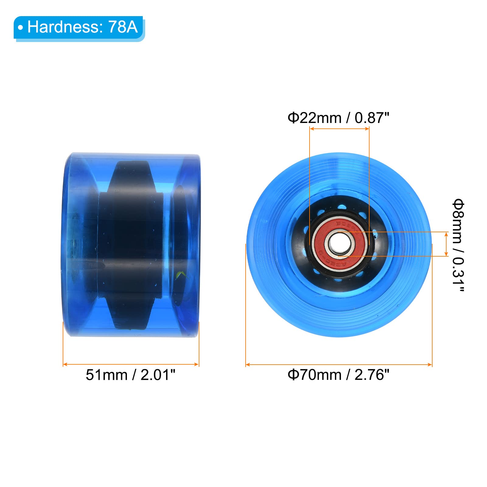 PATIKIL 70mm 78A Longboard Roues avec Rouge ABEC-9 Roulements, 4 Paquet Doux Croiseur Roues Rue Roues pour Skateboards Skateboard Roue PU, Clear Bleu