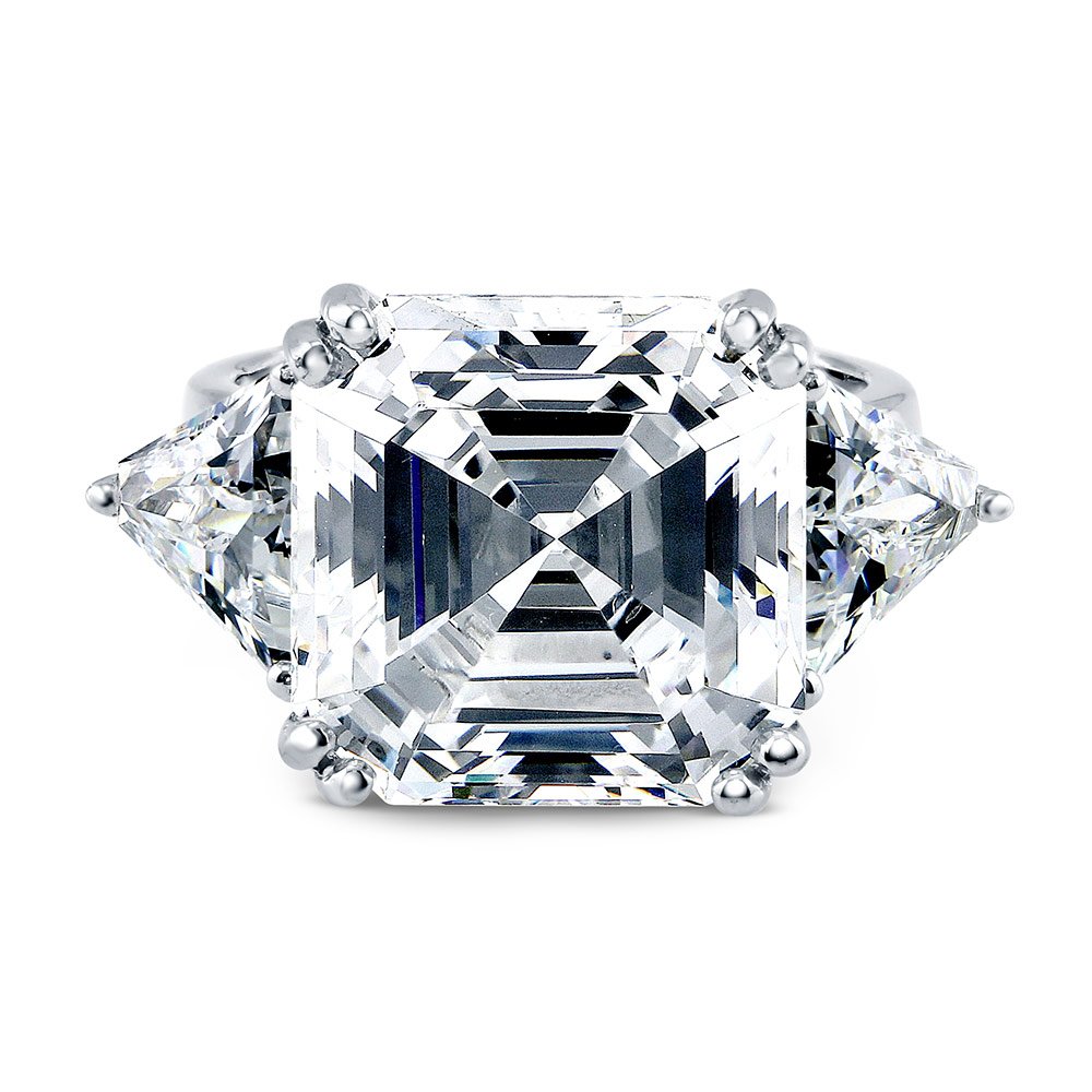 Anillo de compromiso de  en plata esterlina bañado en rodio con circonita cúbica corte Asscher, con 3 piedras., rodiado-plateado, 6, r308-6 2