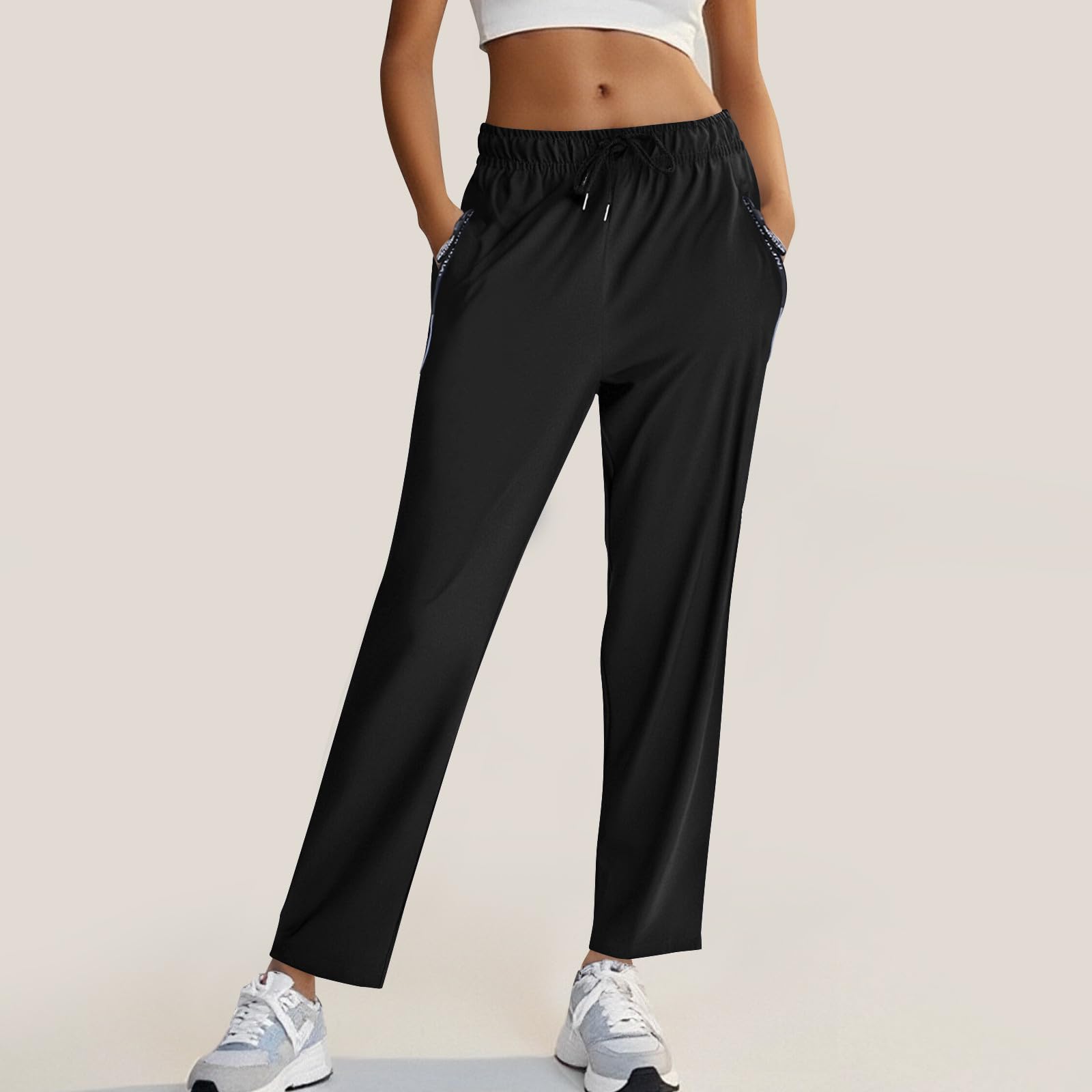 Women's Quick Dry Joggers with Pockets, Drawstring Straight Leg Sweatpant for Lounging Jogging Sport Workout and Gym(Black,X-Small)