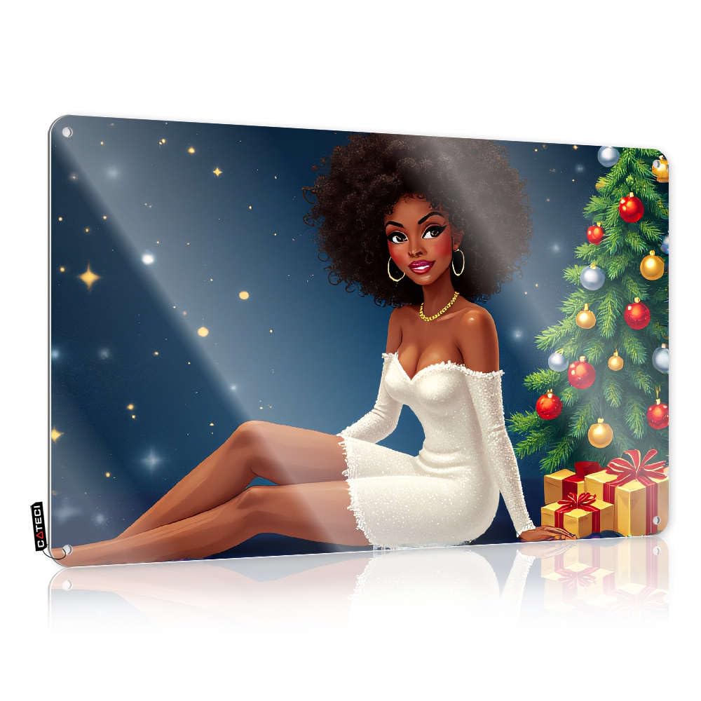 Lovers Decor Tinplate Sign Room For Men Metal Wall : Hanging Plate Indoor & Outdoor/Yarn Horseshoe Rainbow | A Woman In White Dress Sits By Christmas Tree Adorned With Ornaments.
