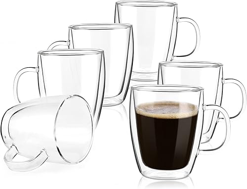 Liuruiyu Tazas de café de vidrio, (juego de 6) tazas de café de vidrio transparente de 16 onzas con asa, vaso de café aislado, tazas de capuchino,