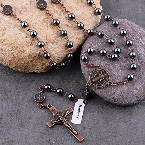 HanlinCC 6mm Hematite Stone Black Beads with Antique Copper Plated St.Benedict Center Piece Medal and Crucifix Cross Catholic Rosary Necklace for Men and Women with Black Velvet Bag4