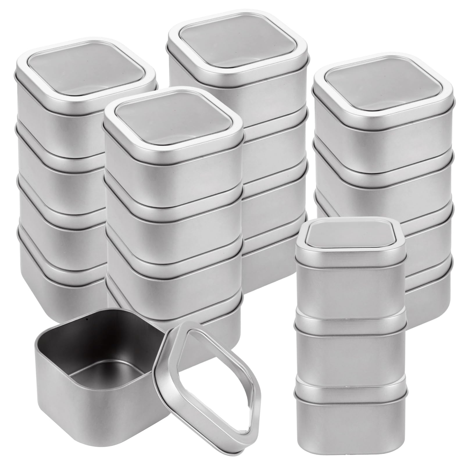 DAJAVE 20 Pack Square Metal Tins with Window Lids, Silver Empty Tin Box Containers with Lid for Storage Drawing Pin Candies Jewelry Crafts, 3x3x2 Inch