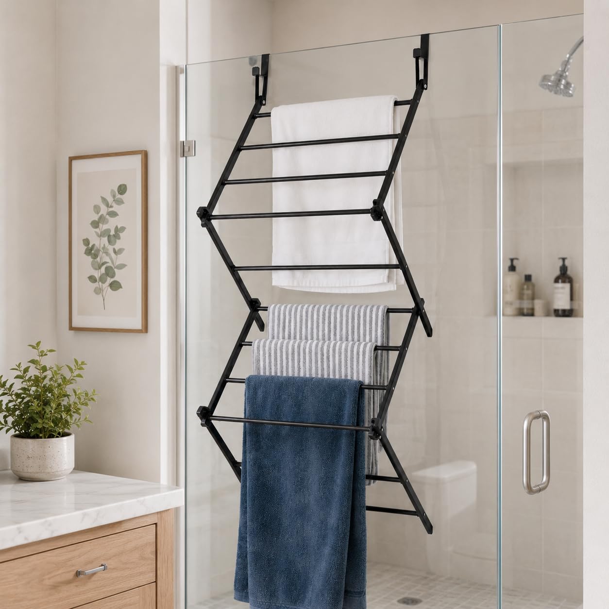 JS Hanger Over The Door Clothes Drying Rack, Hanging Laundry Rack for Door, Foldable Space-Saving Drying Rack for Towels, Clothes & Delicates, No-Drill Door Drying Rack for Bathroom, Laundry Room