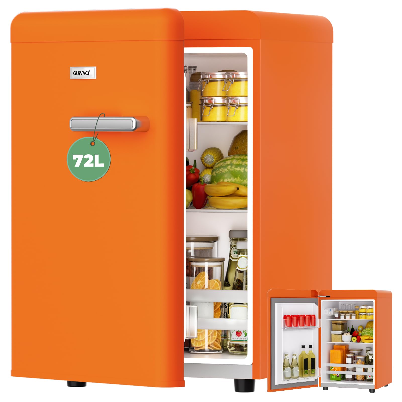 Lodówka retro 72 l – cicha praca (43 dB), 7-stopniowa regulacja chłodzenia, oświetlenie wewnętrzne LED, do sypialni, biura, kuchni i baru (pomarańczowa)