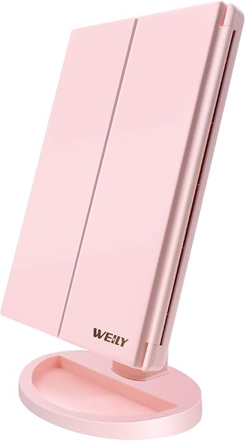WEILY Lighted Vanity Makeup Mirror 1x/2x/3x Magnification Trifold with 36 LED Lights Touch Screen and USB charging, 180 Degree Adjustable Stand for Countertop Cosmetic Makeup Mirror(Pink)
