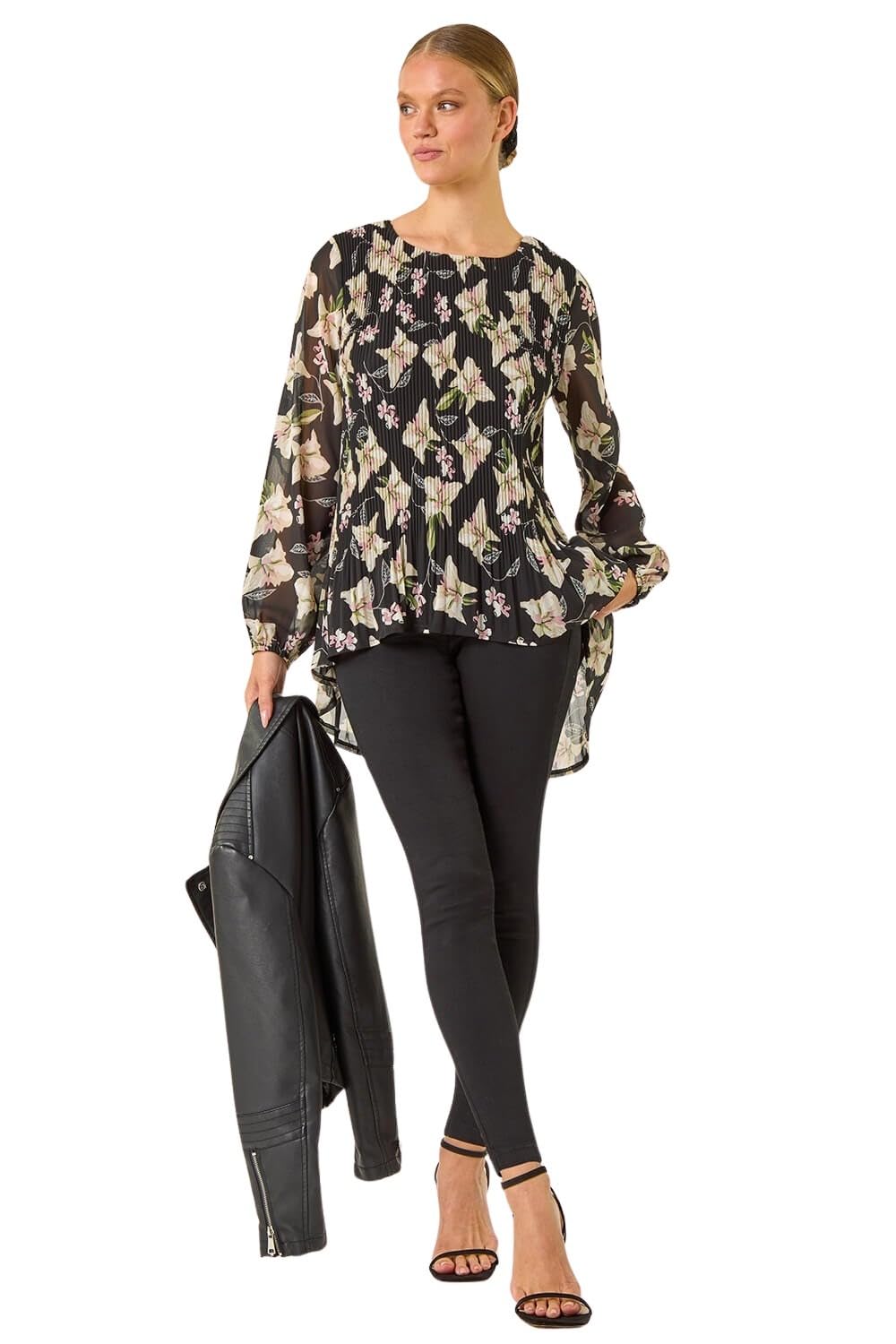 Roman Women's Black Floral Print Pleated Top