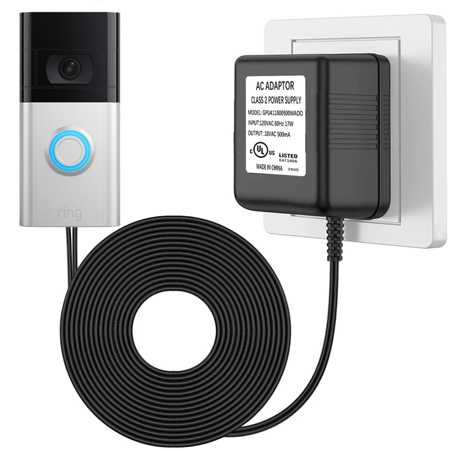 AC 18 Volt Transformer Compatible with All Versions of Ring Doorbell, UL Listed C Wire Adapter, 29.5Ft Long Cable (1P-Black)