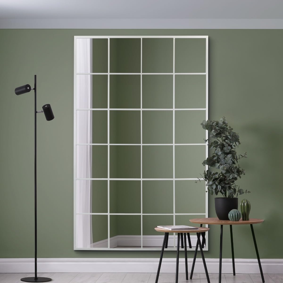 MirrorOutlet The Fenestra - White Modern Window Full Length Leaner/Wall Mirror 69" X 43" (174CM X 110CM) Silver Mirror Glass with Black Metal Frame.