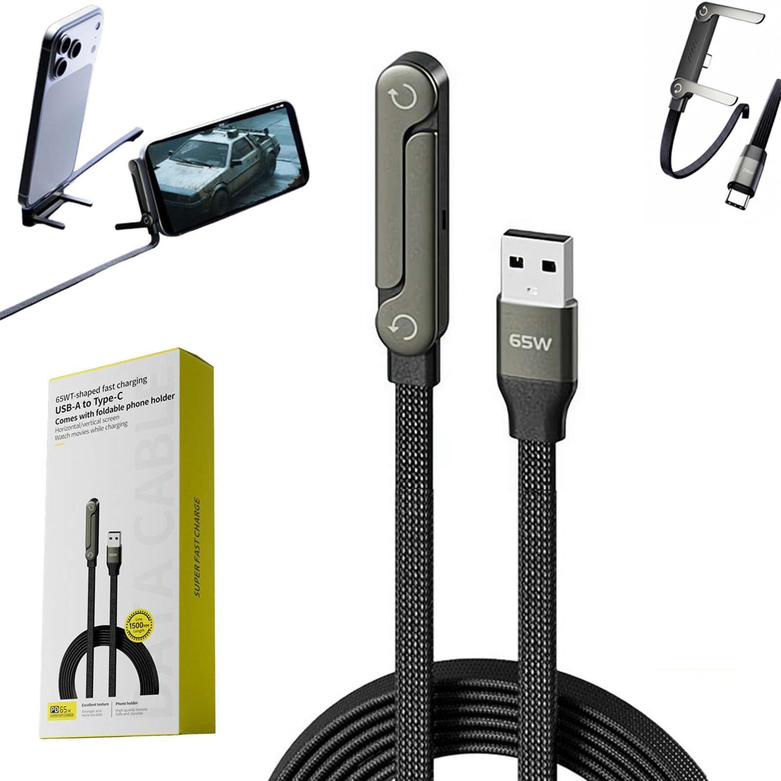 Generico cavo di ricarica con supporto invisibile 2‑in‑1 – Caricatore Telefono Laterale USB‑C, Cavo 1,5m, Ricarica Rapida, Ideale per Gioco in Modalità Orizzontale（adattatore non incluso） (65W A-C)