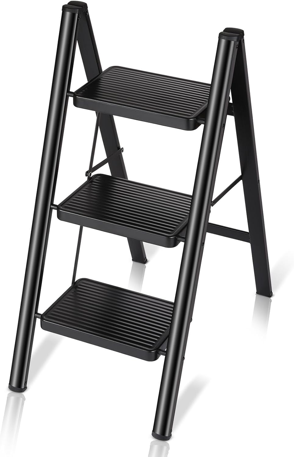 3 Step Ladder, Aluminum Folding Step Stool with Anti-Slip Sturdy and Wide Pedal, Lightweight Portable Stepladder for Home and Kitchen Use Space Saving, 330 lbs (Black)-image-14