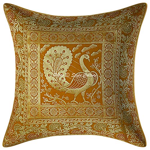 Image of Decorative Brocade Cushion Covers 16x16 Inch Banarasi Jacquard Weave Mustard Yellow & Gold Home Decor Peacock Traditional Square 40x40 cm Zippered Sofa Settee Pillowcases -Set of 2 Pcs