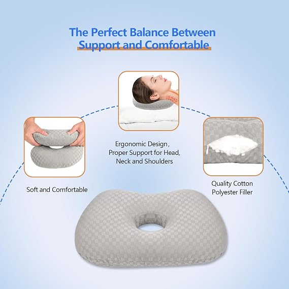 Ear Piercing Pillow with an Ear Hole for CNH and Ear Pain Ear Inflammation Pressure Sores for Side Sleepers, Washable and Adjustable Polyester and Cotton Side Sleeping Ear Pillow (Gray)