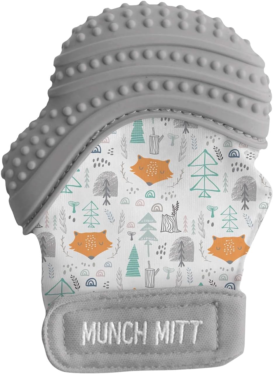 Malarkey Kids Patented Teething Mitten, Munch Mitt Baby Chew Toy - Protects Hands from Chewing & Saliva, Heals Aching Gums, Promotes Sound & Visual Stimulation for Babies - Grey Fox