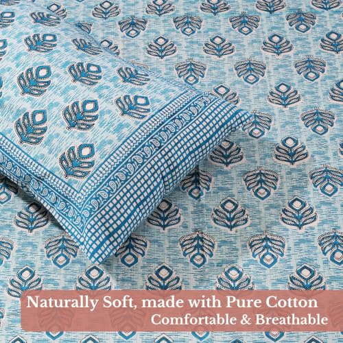 Image of Jaipur Weaves Jaipuri Double Bed Cotton Bedsheet Queen Size 90x85, 120 TC 100% Pure Cotton Bed Sheet with 2 Pillow Covers, Floral Traditional Print (Blue Buta, Double)