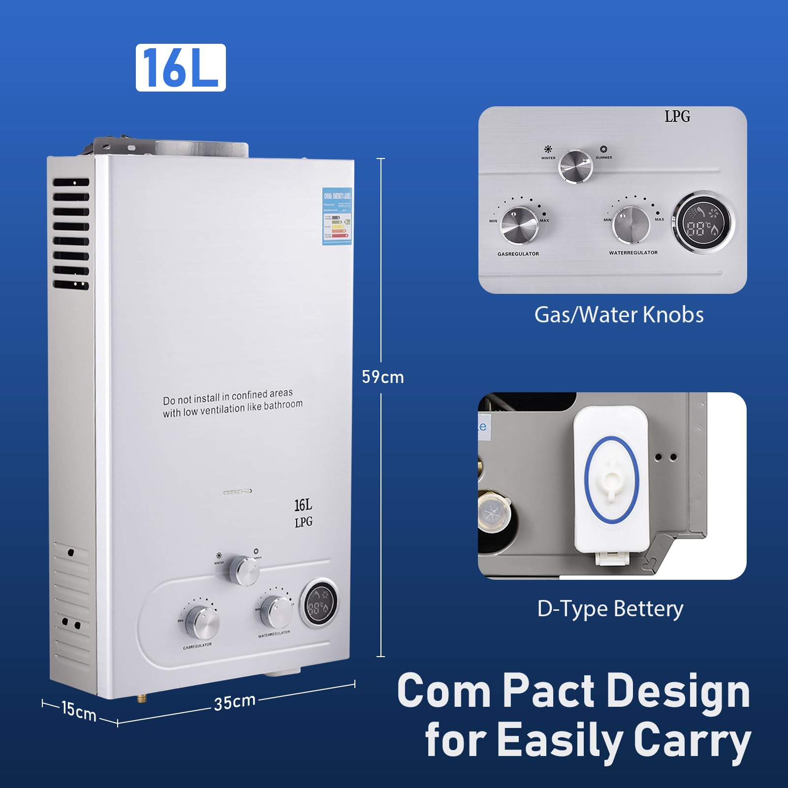 Durchlauferhitzer Gas 16L, 32KW LPG Propan Warmwasserbereiter Durchlauferhitzer Super Niedrigem 0,5bar Startwasserdruck, Mit Winter und Sommermodus, für Dusche & Täglichen Gebrauch