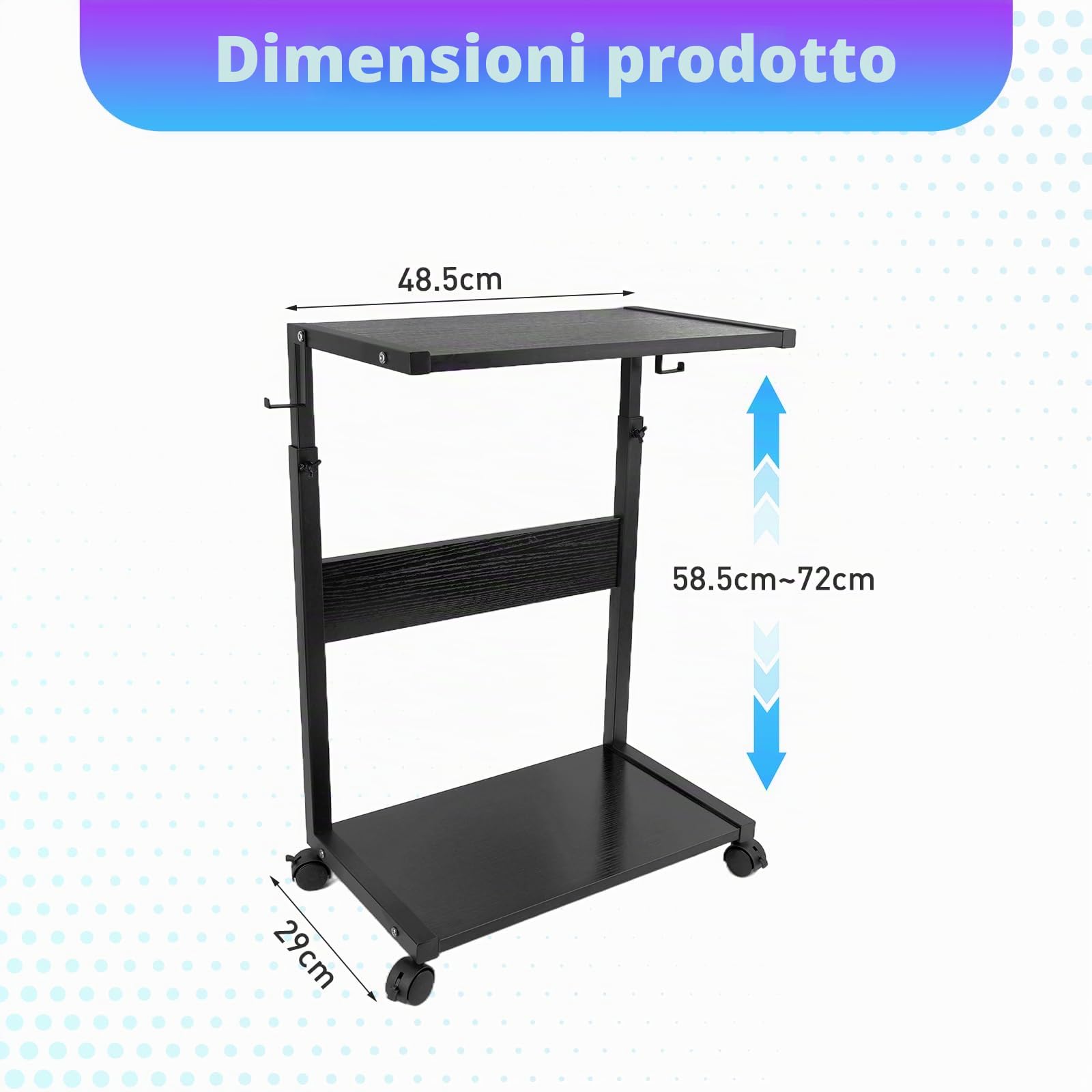 Porta PC con Rotelle, Supporto per Computer Tower Regolabile in Altezza | Mobile per Stampante con 4 Ganci, per Scrivania e Pavimento (58.5-72 cm)