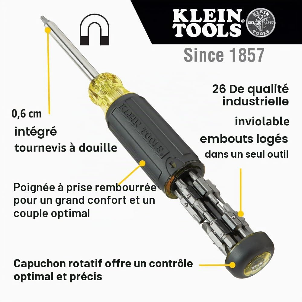 Klein Tools 32307 Tournevis multi-embouts inviolable 27 en 1 avec embouts Torx, hexagonaux, Torq et clé avec tourne-écrou 1/4" Noir/jaune