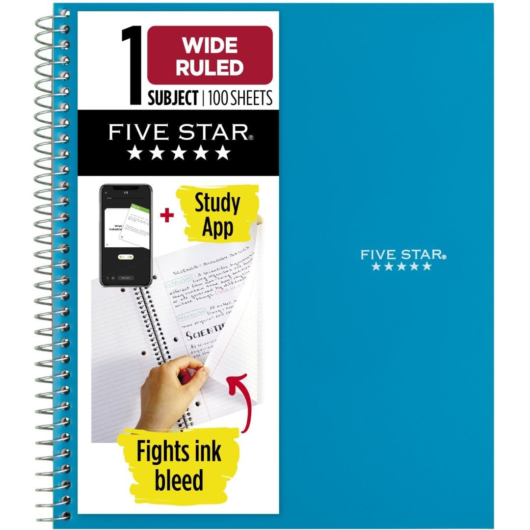 Five Star Spiral Notebook + Study App, 1 Subject, Wide Ruled Paper, 8" x 10-1/2", 100 Sheets, Fights Ink Bleed, Water Resistant Cover, Tidewater Blue (72875)