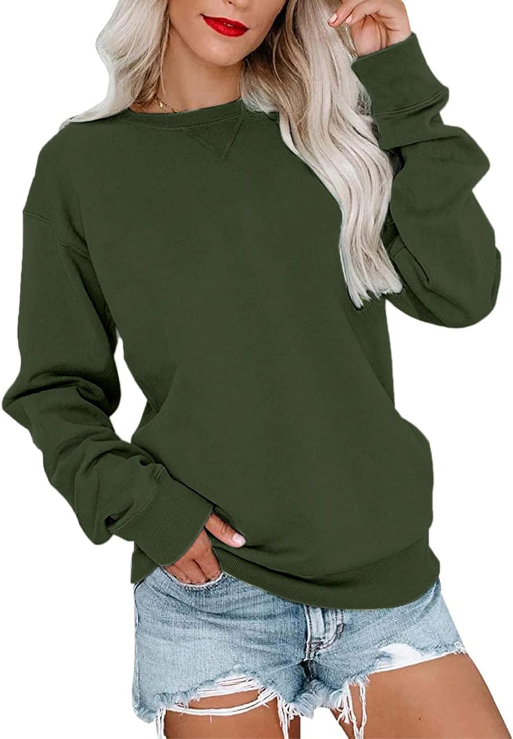 VIGVAN Damen Sweatshirt Pullover Elegant Basic Langarmshirt Rundhals Baumwolle Pulli Herbst Winter Casual Oberteile Langarm Tops