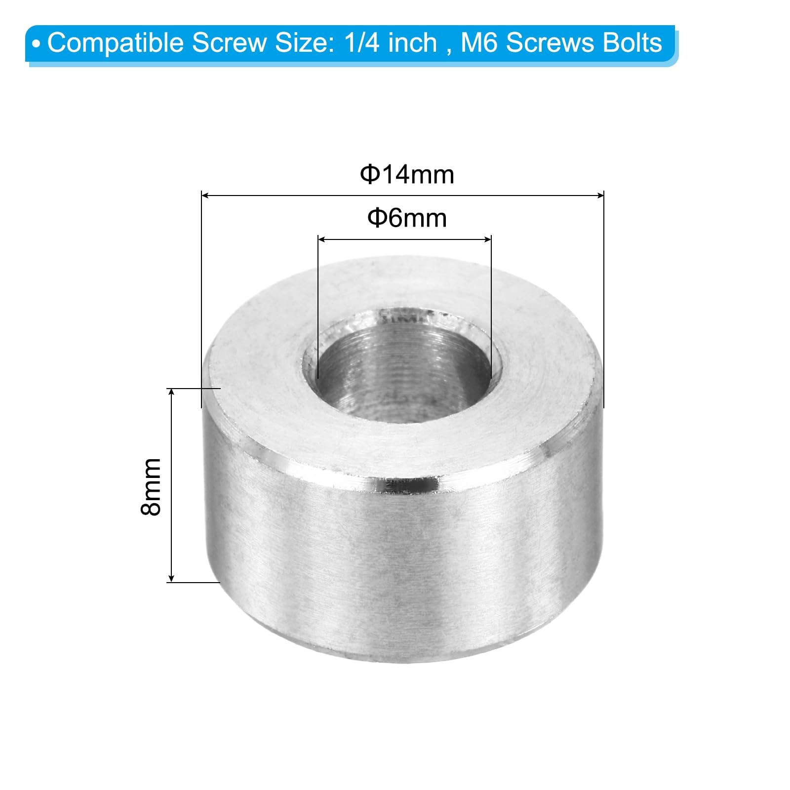 PATIKIL M6 Stainless Steel Spacers, 12Pcs Metal Spacer 6mm ID x 14mm OD x 8mm L Screw Standoff for 1/4" or M6 Screw - Image 2